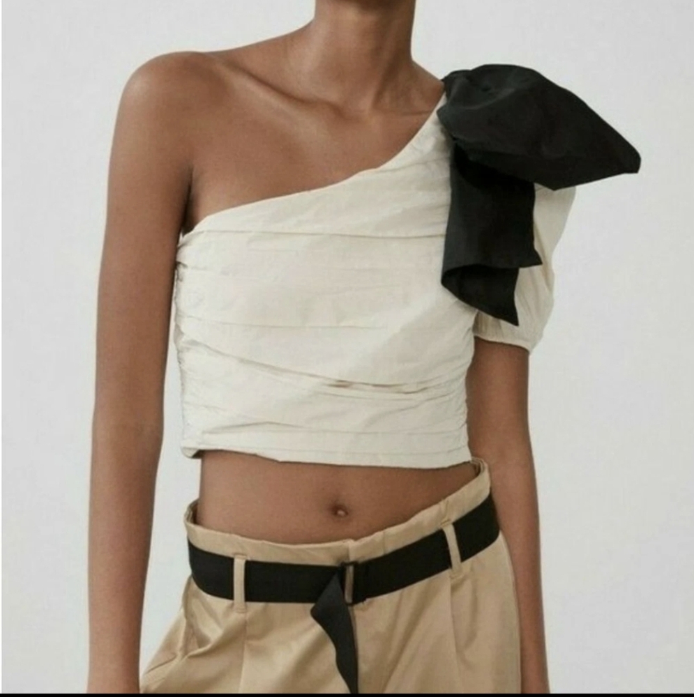 Zara Asymmetrical One Shoulder Dramatic Bow Crop Top